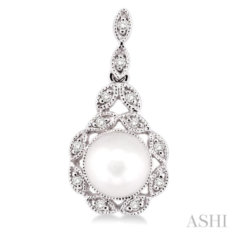 6X6 MM Round Shape Cultured Pearl and 1/8 ctw Cutwork Marquise Round Cut Diamond Fashion Earring in 10K White Gold