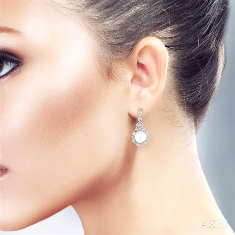 6X6 MM Round Shape Cultured Pearl and 1/8 ctw Cutwork Marquise Round Cut Diamond Fashion Earring in 10K White Gold