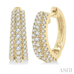 1/2 Ctw Triple Row Round Cut Diamond Huggie Petite Earrings in 14K Yellow Gold