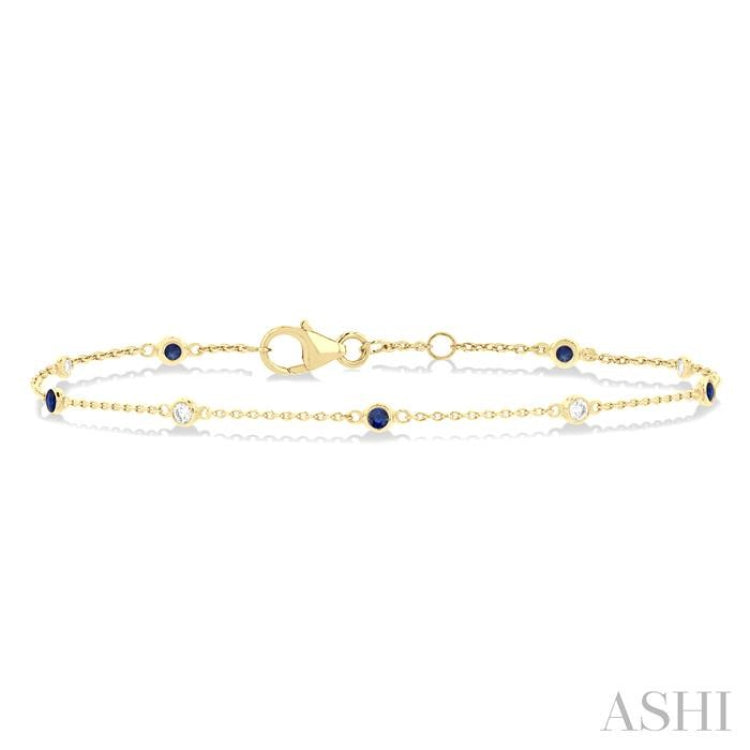 1.8 MM Sapphire and 1/10 Ctw Bezel Set Round Cut Diamond Precious Gemstone Station Bracelet in 14K Yellow Gold