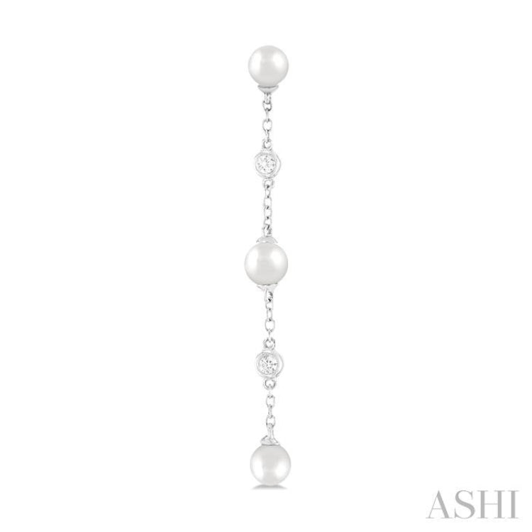 4 MM Round Shape Cultured Pearls and 1/20 Ctw Round Cut Diamond Station Long Earring in 14K White Gold
