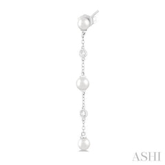 4 MM Round Shape Cultured Pearls and 1/20 Ctw Round Cut Diamond Station Long Earring in 14K White Gold