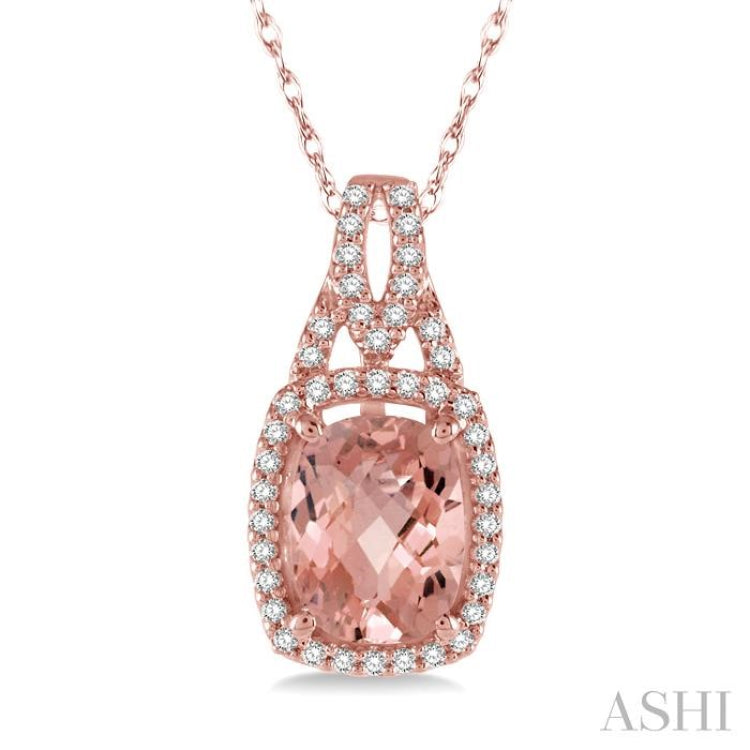 8x6 MM Cushion Shape Morganite Center and 1/6 Ctw Round Cut Diamond Semi-Precious Pendant in 14K Rose Gold with chain