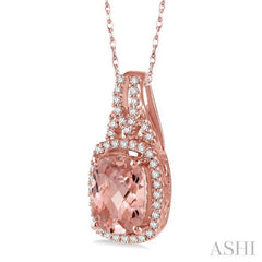 8x6 MM Cushion Shape Morganite Center and 1/6 Ctw Round Cut Diamond Semi-Precious Pendant in 14K Rose Gold with chain