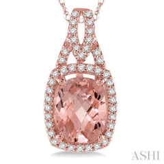 8x6 MM Cushion Shape Morganite Center and 1/6 Ctw Round Cut Diamond Semi-Precious Pendant in 14K Rose Gold with chain