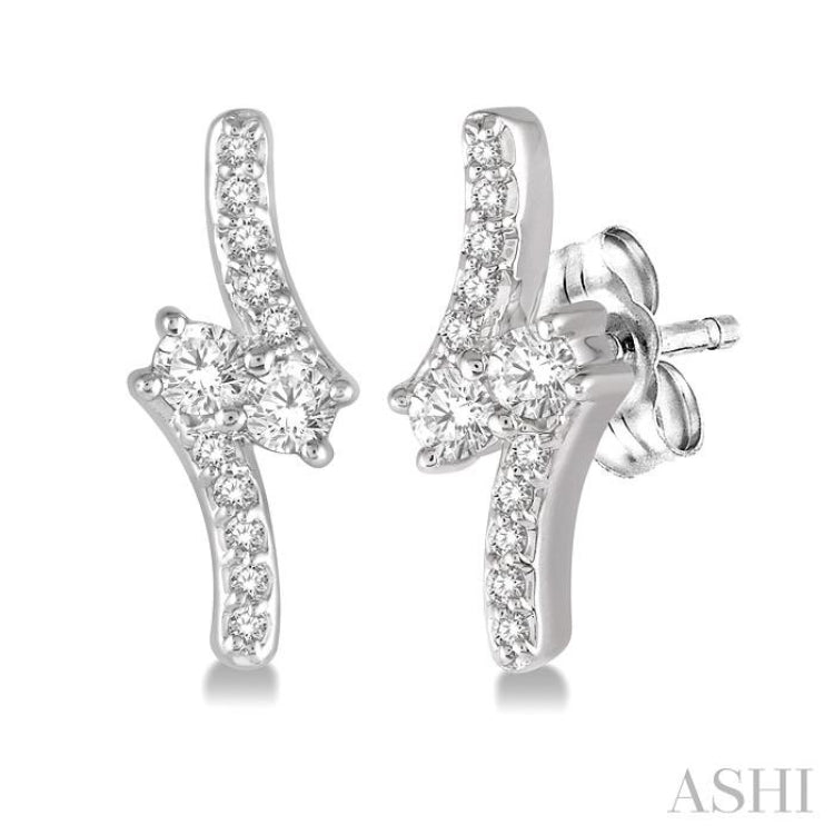 1/3 Ctw Asymmetrical 2Stone Round Cut Diamond Earrings in 14K White Gold