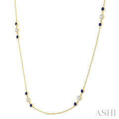 2.25 MM Sapphire and 1/2 Ctw Round Cut Diamond Precious Station Necklace in 14K Yellow Gold