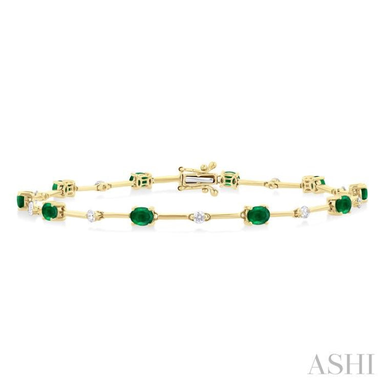 4x3 MM Oval Cut Emerald and 1/3 ctw Round Cut Diamond Precious Bar Bracelet in 10K Yellow Gold