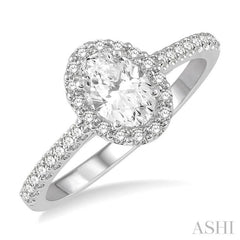 1 1/10 ctw Oval Halo Round Cut Diamond Engagement Ring With 3/4 ct Oval Cut Center Stone in 14K White Gold