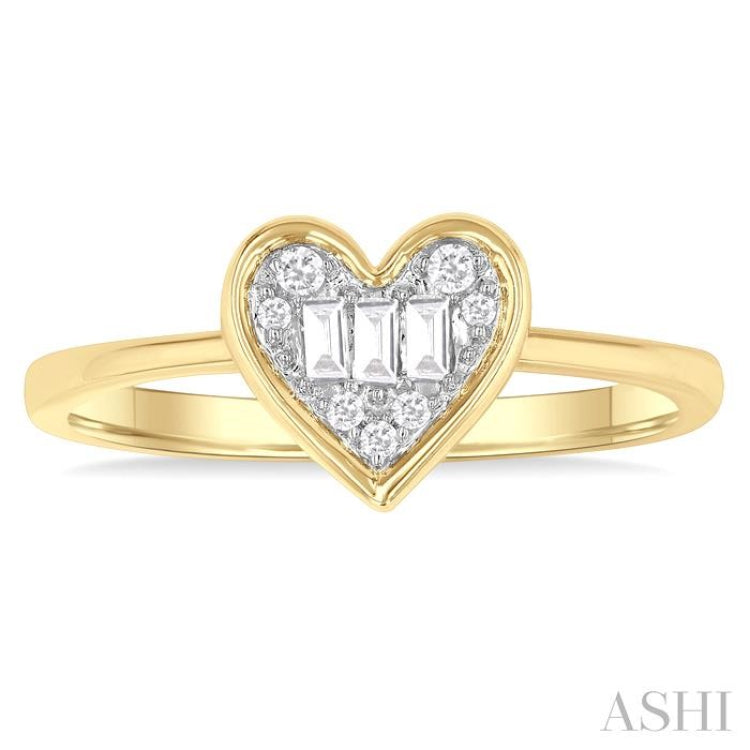 1/6 ctw Petite Bezel Set Heart Shape Fusion Baguette and Round Cut Diamond Fashion Ring in 10K Yellow Gold