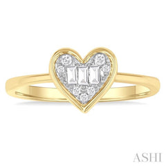 1/6 ctw Petite Bezel Set Heart Shape Fusion Baguette and Round Cut Diamond Fashion Ring in 10K Yellow Gold