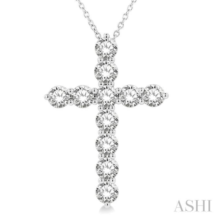 3.00 Ctw Round Cut Diamond Cross Pendant in 14K White Gold with Chain