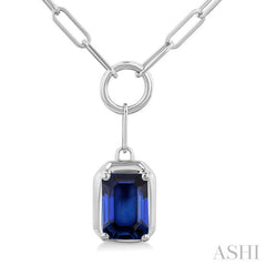 6x4 MM Sapphire Solitaire Precious Paperclip Pendant With Chain in 10K White Gold