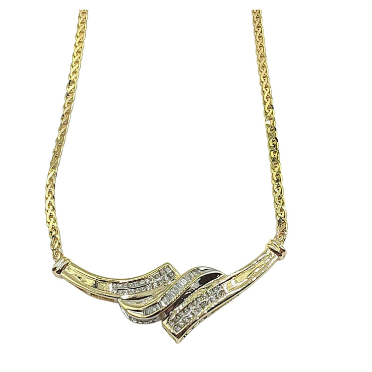 APPRAISED $1500- 10KT Yellow Gold Channel Pendant with 44 Princess Cut Diamonds -T-.44CT and 15 Baguette Diamonds -T-.07CT Set in a Bypass Channel Center on a Flat "S" Link Chain