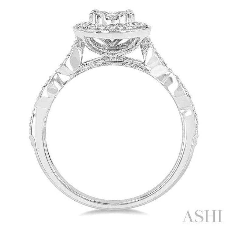 1/2 Ctw Oval Mount Criss Cross Shank Lovebright Round Cut Diamond Engagement Ring in 14K White Gold