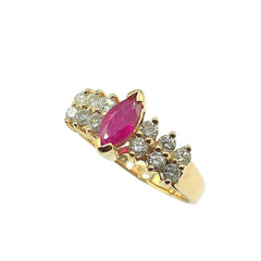 APPRAISED $1700- 14KT Yellow Gold Pyramid Designed Ring with 1 Center Marquise Ruby (7x3.5) with 12 Round Brilliant Diamonds -T-.36ct