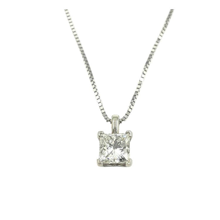 APPRAISED $2100- 14KT White Gold Pendant with 1 Princess Cut Diamond -EST_.61CT Set on a 18" Box Link Chain