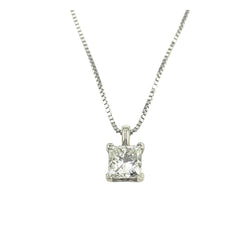 APPRAISED $2100- 14KT White Gold Pendant with 1 Princess Cut Diamond -EST_.61CT Set on a 18" Box Link Chain