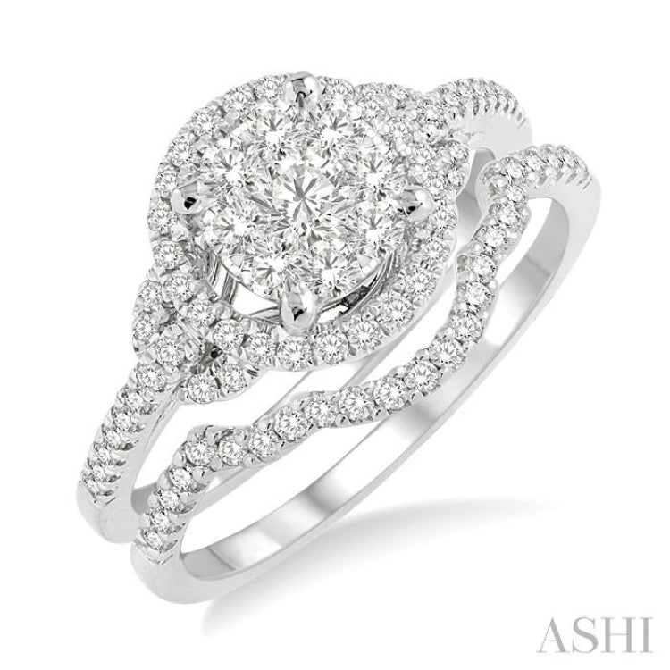 3/4 Ctw Diamond Wedding Set with 5/8 Ctw Lovebright Round Cut Engagement Ring and 1/10 Ctw Wedding Band in 14K White Gold