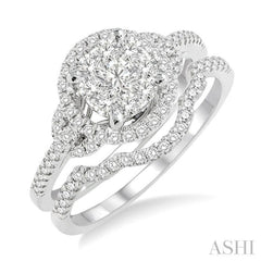 3/4 Ctw Diamond Wedding Set with 5/8 Ctw Lovebright Round Cut Engagement Ring and 1/10 Ctw Wedding Band in 14K White Gold