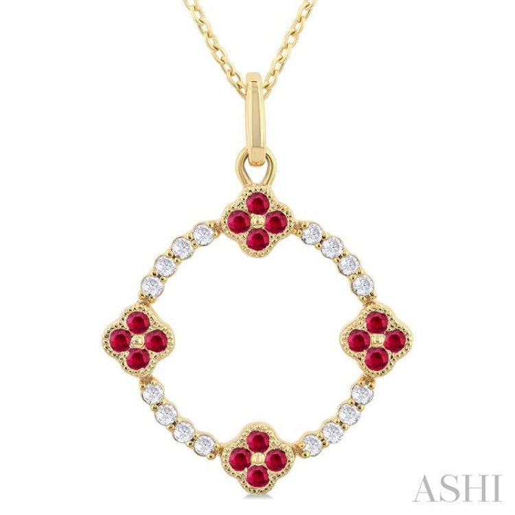 1.25 MM Clover Circle Ruby and 1/8 Ctw Round Cut Diamond Precious Pendant With Chain in 10K Yellow Gold