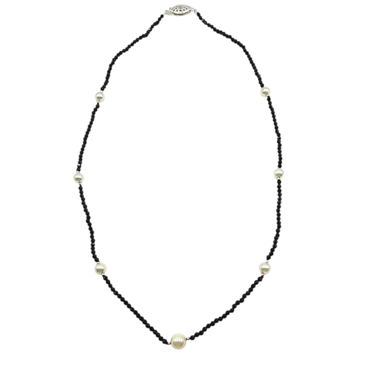 APPRAISED $125- 17" Sterling Silver Necklace with Faceted Black Glass Beads with 7 Cultured Pearls 6-5.5MM