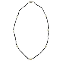 APPRAISED $125- 17" Sterling Silver Necklace with Faceted Black Glass Beads with 7 Cultured Pearls 6-5.5MM