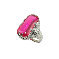 APPRAISED $600- 14KT White Gold Ring with 1 Cushion Cut Synthetic Red Spinel (15x5.8) in a Carved Antique Style Setting