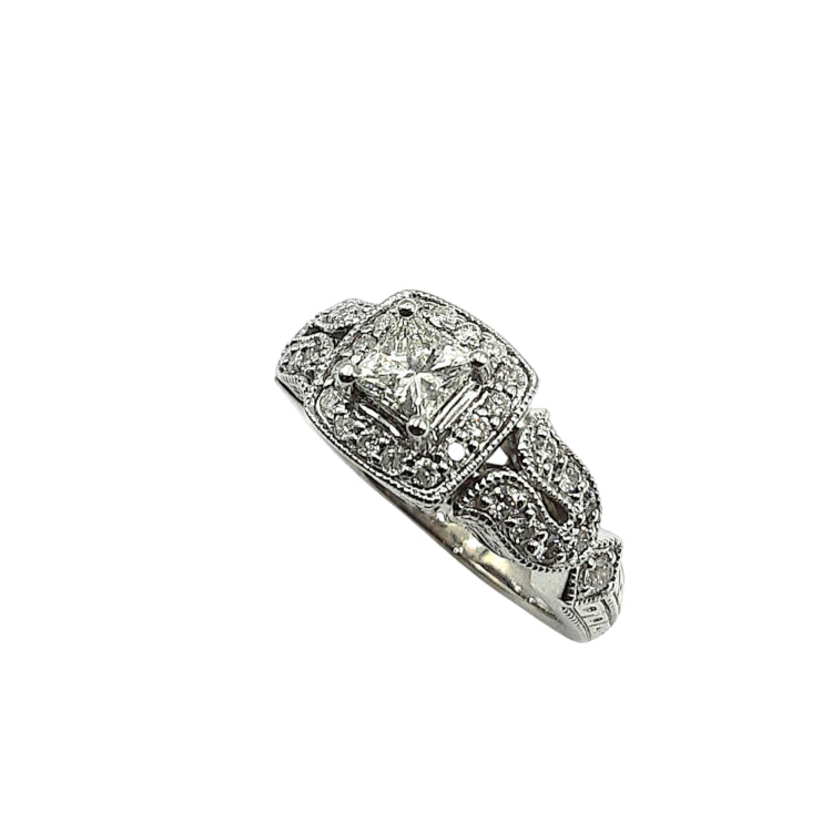 APPRAISED $3100- 14KT White Gold with 1 Princess Cut -EST-.54CT (4.4x4.5x3.2) Surrounded by 32 Round Brilliant Diamonds -T- .40CT in a Halo Designs 