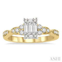 1/2 Ctw Criss Cross Shank Fusion Baguette and Round Cut Diamond Engagement Ring in 14K Yellow and White Gold