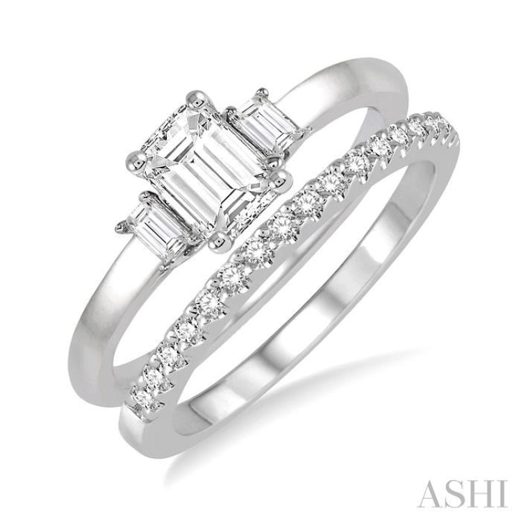3/4 Ctw Diamond Wedding Set With 5/8 Ctw Octagonal & Baguette Engagement Ring and 1/8 Ctw Round Cut Diamond Wedding Band in 14K White Gold