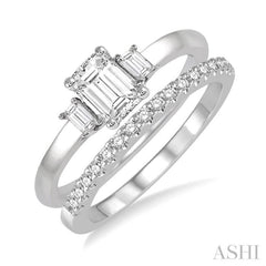 3/4 Ctw Diamond Wedding Set With 5/8 Ctw Octagonal & Baguette Engagement Ring and 1/8 Ctw Round Cut Diamond Wedding Band in 14K White Gold