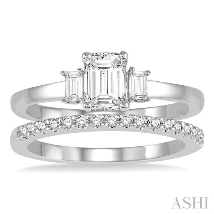 3/4 Ctw Diamond Wedding Set With 5/8 Ctw Octagonal & Baguette Engagement Ring and 1/8 Ctw Round Cut Diamond Wedding Band in 14K White Gold