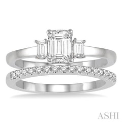 3/4 Ctw Diamond Wedding Set With 5/8 Ctw Octagonal & Baguette Engagement Ring and 1/8 Ctw Round Cut Diamond Wedding Band in 14K White Gold