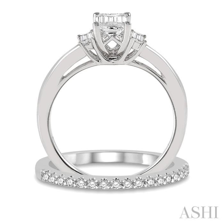 3/4 Ctw Diamond Wedding Set With 5/8 Ctw Octagonal & Baguette Engagement Ring and 1/8 Ctw Round Cut Diamond Wedding Band in 14K White Gold
