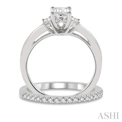 3/4 Ctw Diamond Wedding Set With 5/8 Ctw Octagonal & Baguette Engagement Ring and 1/8 Ctw Round Cut Diamond Wedding Band in 14K White Gold