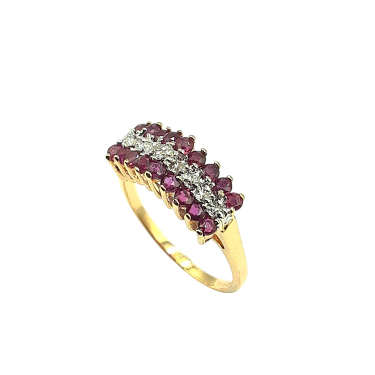 APPRAISED $550- 14KT Yellow Gold Pyramid Style Ring with 9 Single Cut Diamonds -T-.04CT and 18 Round Rubies (2MM)
