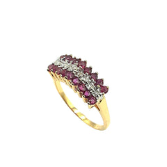 APPRAISED $550- 14KT Yellow Gold Pyramid Style Ring with 9 Single Cut Diamonds -T-.04CT and 18 Round Rubies (2MM)