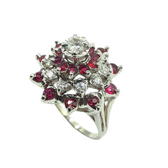 APPRAISED $2400- 14KT White Gold Ring with 1 Round Brilliant Diamond Center Stone -EST-.18CT (3.7MM) Surrounded by 10 Round Brilliant Diamonds -T-.30CT and 20 Round Rubies (2-2.5MM) Set into 3 Halos