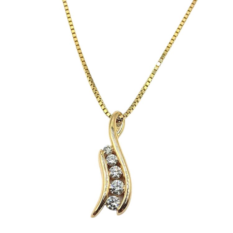 APPRAISED $1700- 14KT Yellow Gold Curved Channel Pendant with 5 Round Brilliant Diamonds -T-.37CT Set on a 18" Box Link Chain