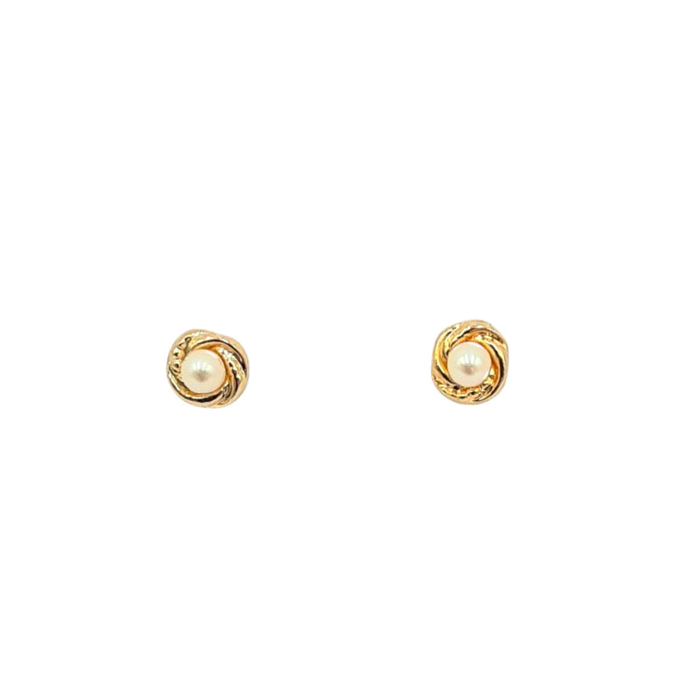 APPRAISED $75- 14KT Yellow Gold Knot Style Earrings with 2 Fresh Water Peals (3.5MM)