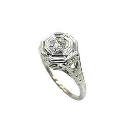 APPRAISED $750- 14KT White Gold Ring with 1 Old European Cut Diamond -EST-.13CT (3.5x1.82) Set in an Octagon Top with a Carved Filigree Setting