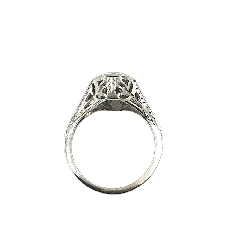 APPRAISED $750- 14KT White Gold Ring with 1 Old European Cut Diamond -EST-.13CT (3.5x1.82) Set in an Octagon Top with a Carved Filigree Setting