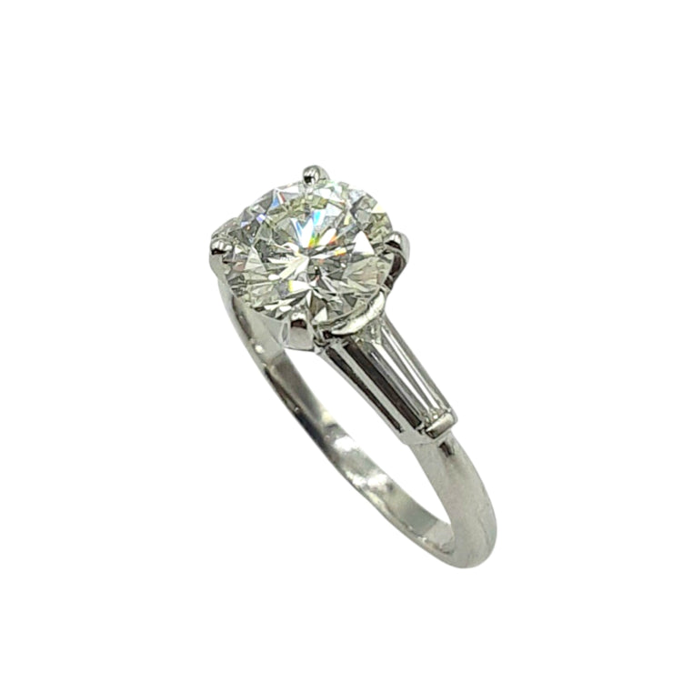 APPRAISED $12,000- Platinum Engagement Ring with 2 Tapered Baguette Diamonds -T-.20CT with 1 Round Brilliant Diamond -EST- 1.56CT (7.56-7.62x4.55)