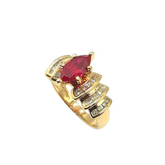 APPRAISED $1900- 14KT Yellow Gold Pyramind Style Ring with 1 Marquise Synthetic Ruby (10x5) with Channel Set14 Baguette Diamonds -T-.14CT and 16 Round Brilliant Diamonds -T-.24ct