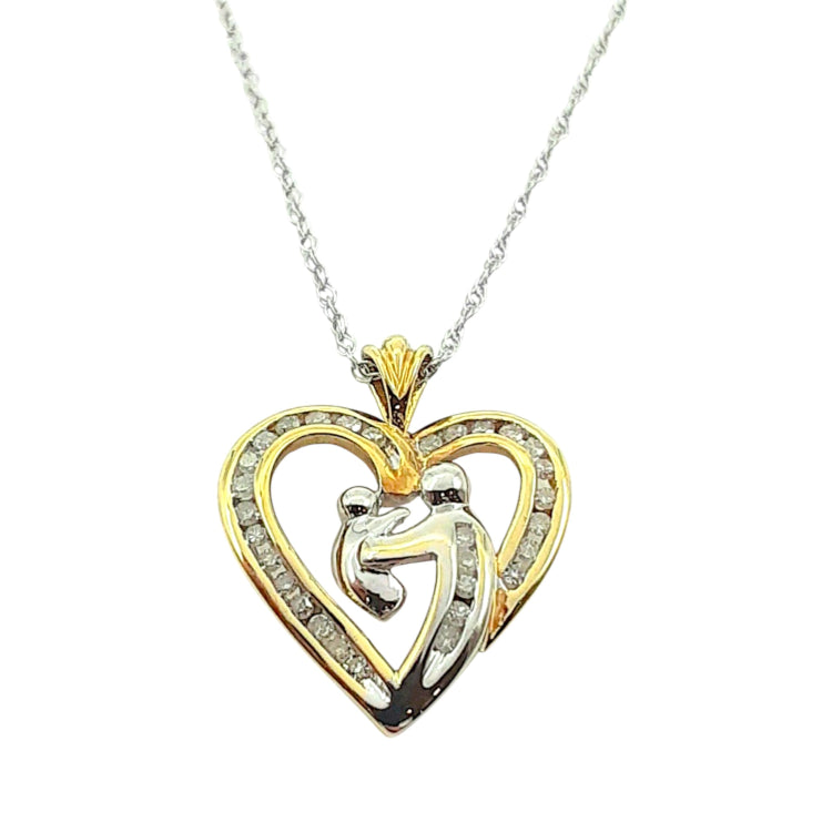 APPRAISED $400- 10KT Two Toned Mother's and Child Heart Pendant with 30 Single Cut Diamonds -T-.15CT