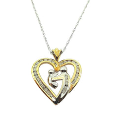 APPRAISED $400- 10KT Two Toned Mother's and Child Heart Pendant with 30 Single Cut Diamonds -T-.15CT