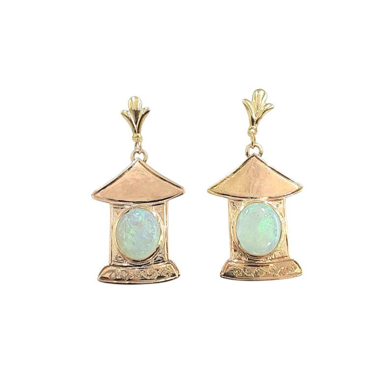APPRAISED $600- 14KT Yellow Gold Pagoda Designed Earrings with 2 Oval Opal Tablets (9x7)