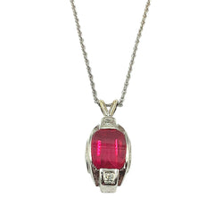 APPRAISED $1000- 14KT White Gold Pendant with 1 Roll Top Synthetic Red Spinel (10x8) with 2 Single Cut Diamonds -T-.03ct