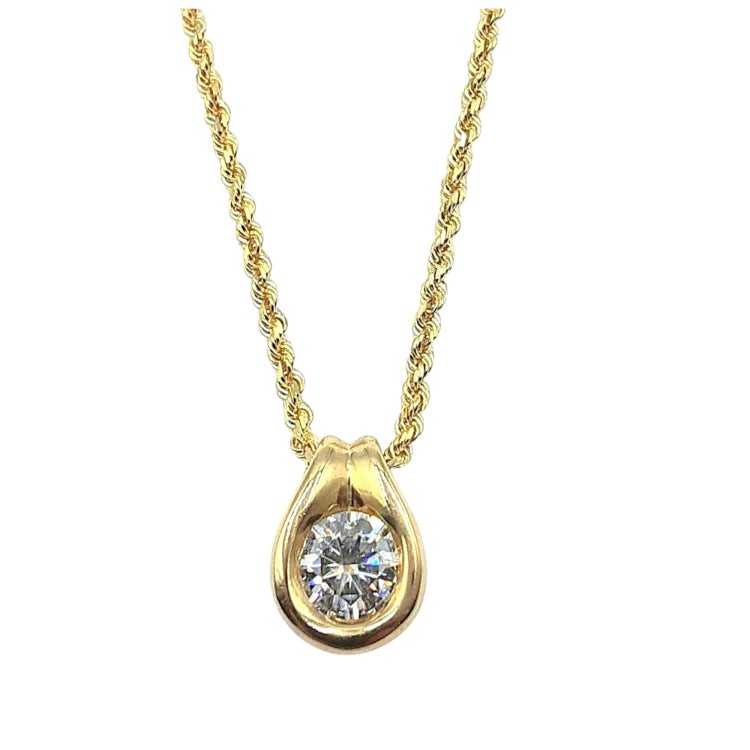 APPRAISED $1500- 14KT Yellow Gold Pendant with 1 Round Bezel Set Cubic Zirconia (6.5MM) Set on a 18" Diamond Cut Rope Chain